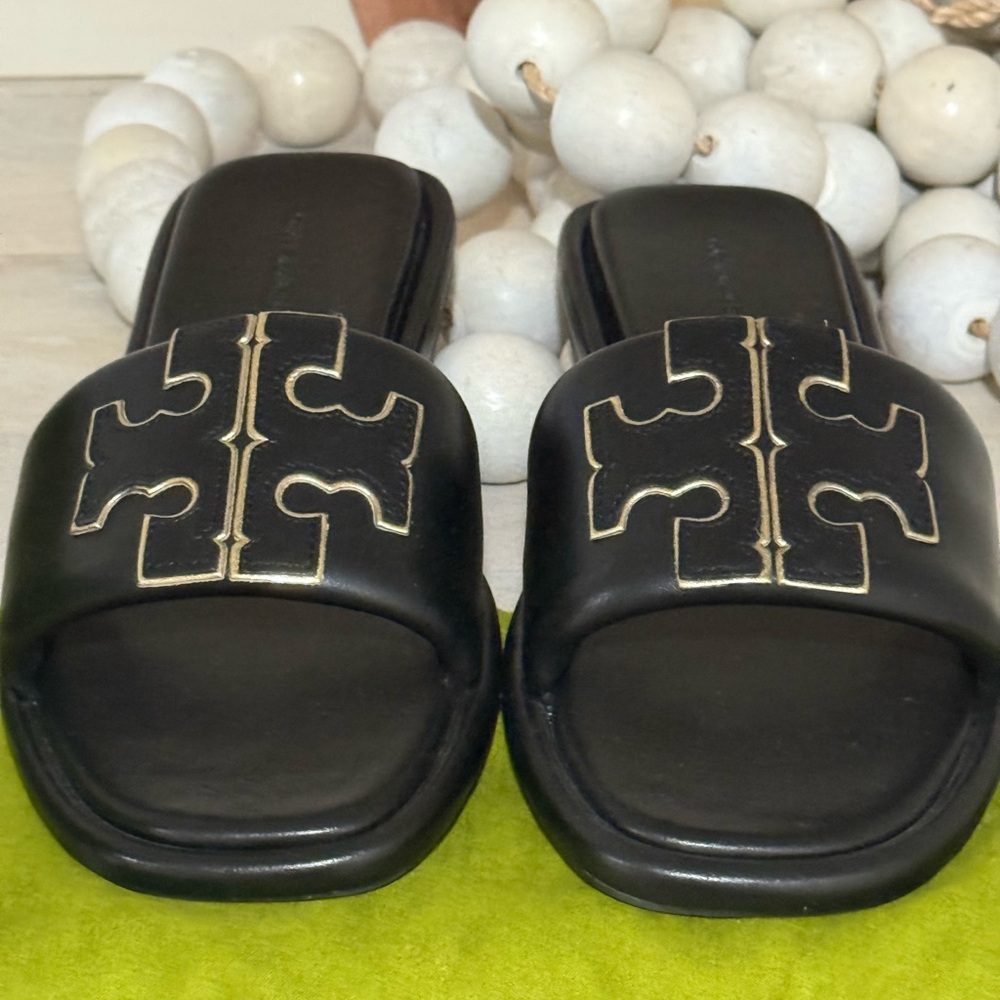 Tory Burch Double T Black and Gold Sport Slide Sandals
